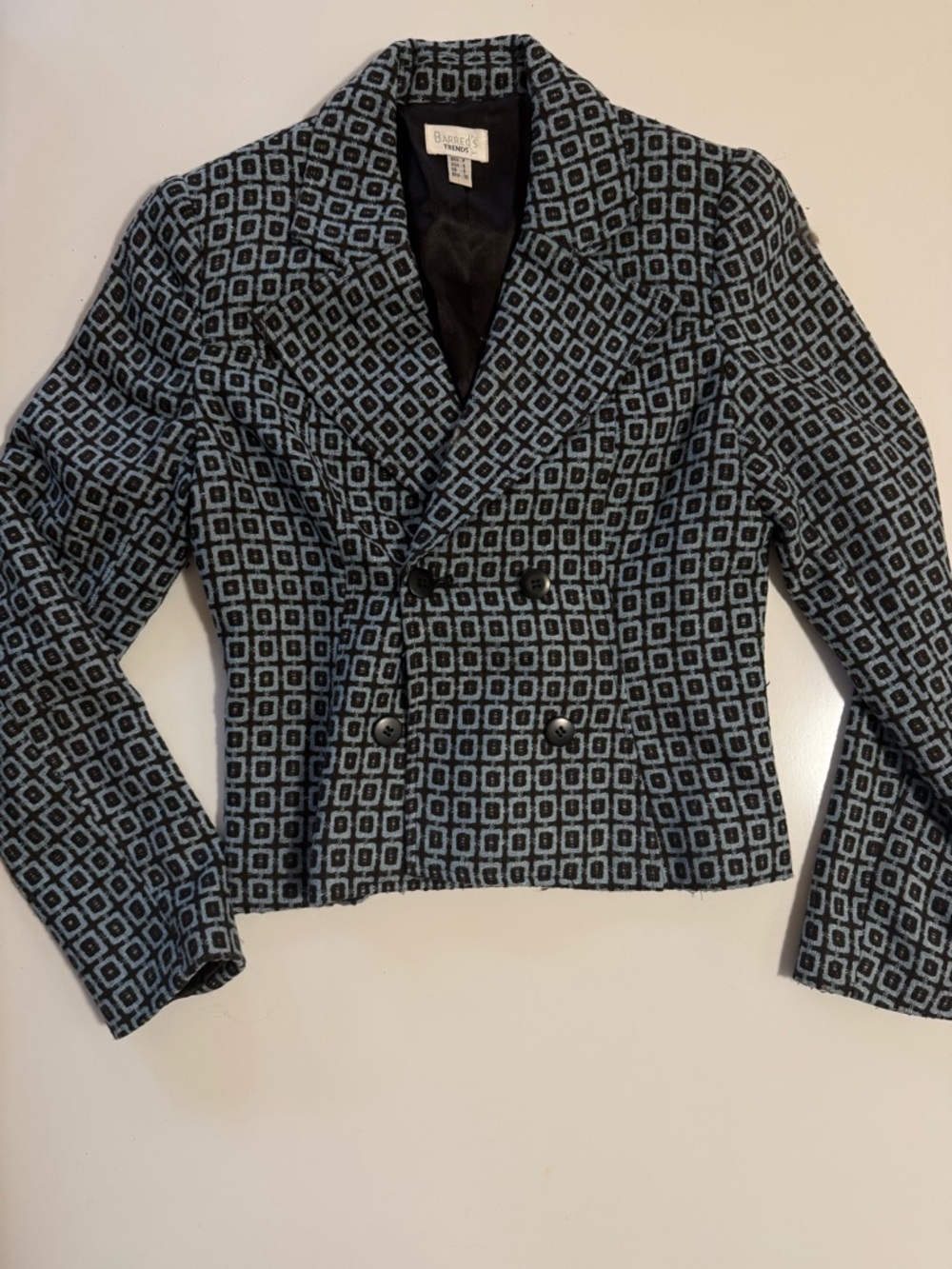French Chic | Double-Breasted Geometric Print Blazer Jacket - Blue - Picture 2 of 9